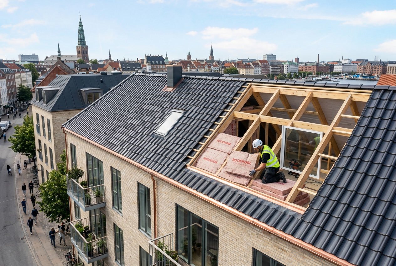 Sådan påvirker et nyt tag på etageejendom i København din loftisolering